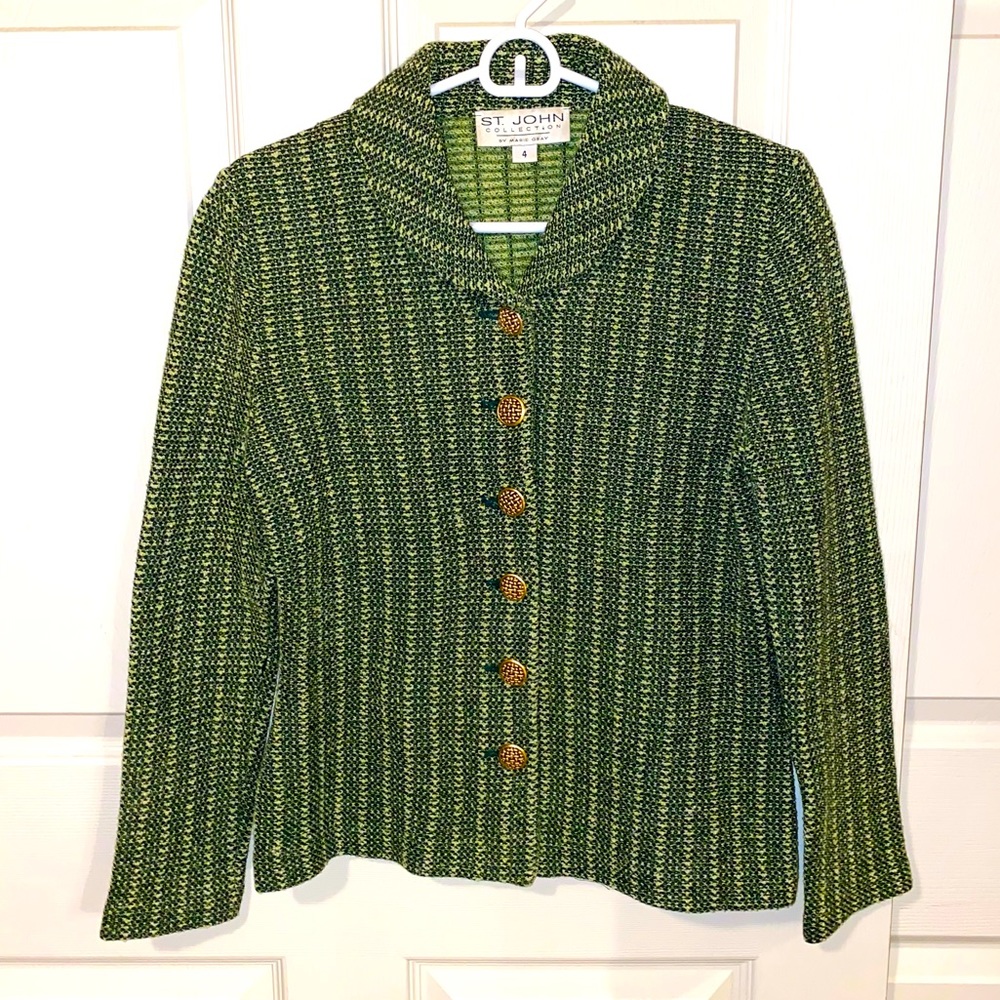 ST. JOHN Green Tweed Blazer w/Gold Buttons